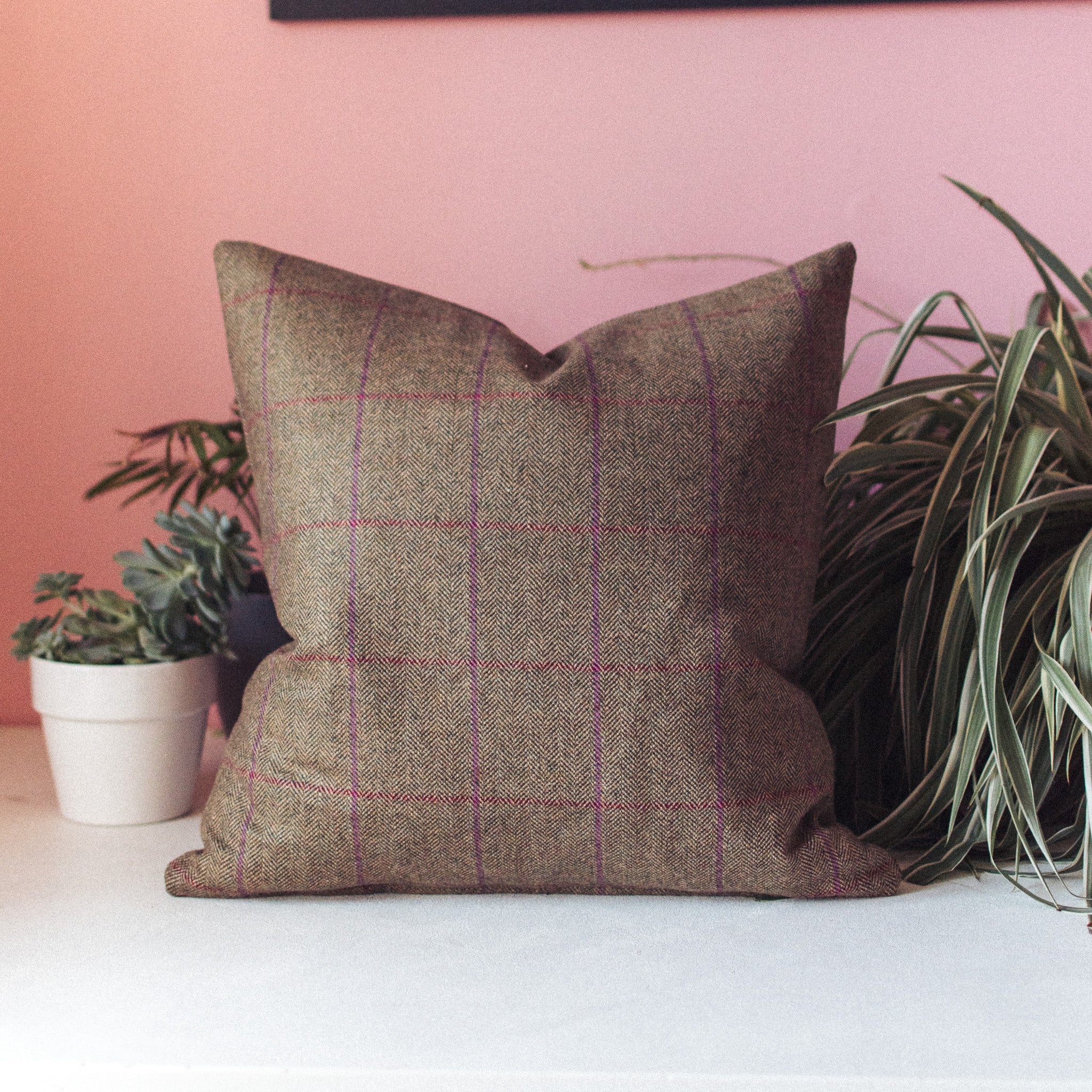 Khaki with Purple and Red Check Tweed Cushion