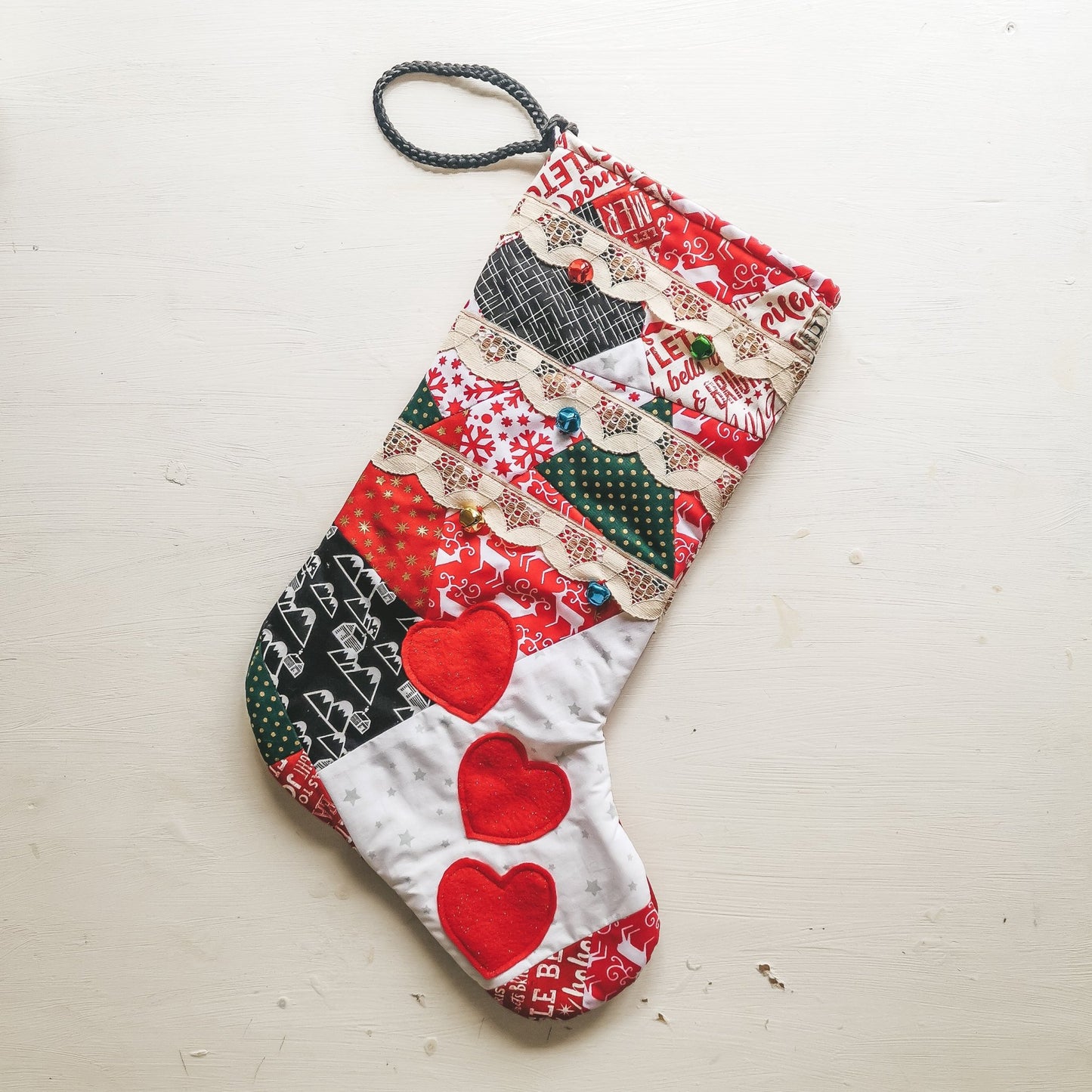 Patchwork Christmas Stocking With Lace and Hearts - F&B Crafts - F&B Handmade